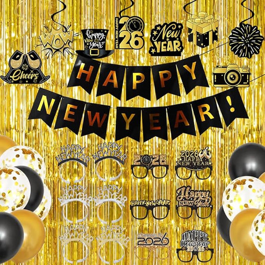 Happy New Year Decorations 2026, New Year Eve Party Supplies Decor Banner Headbands, Glasses, Hanging Swirl, 2026 Foil Balloons, Happy New Years Balloons, Fringe Curtain NYE Decorations