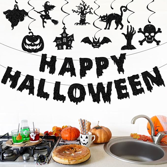 Halloween Vintage-Ghost Black Party-Decorations Supplies - 11pcs Happy Banner,Outdoor Bat Witch Streamers Garland,Spooky Home Hanging Swirl,Indoor Haunted Mansion Room Wall Backdrop Decor Burgleda