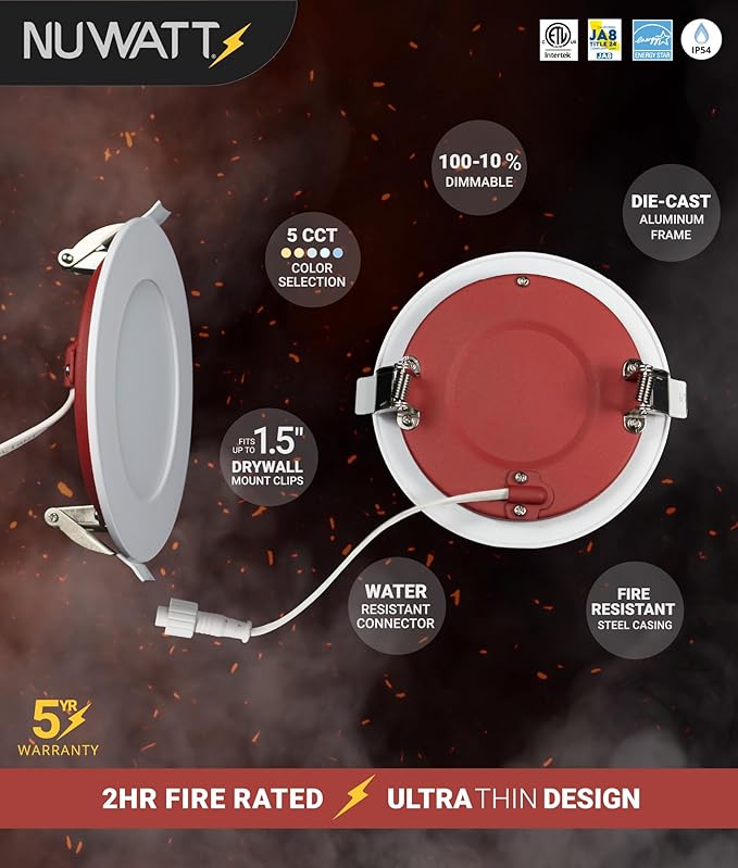 NUWATT 12 Pack, 4 Inch 2 Hour Fire Rated LED Recessed Light, 2700K/3000K/3500K/4000K/5000K Selectable, 900 Lumens, Dimmable, IC Rated, Wet Rated Ultra Thin Canless LED Downlight, No Fire Cone Needed