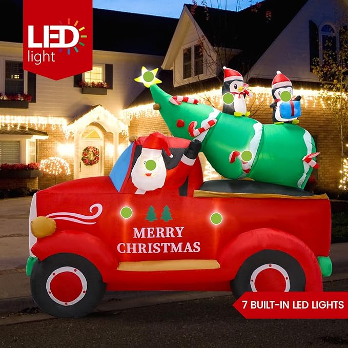 8 FT Christmas Inflatables Decorations Outdoor，Santa Christmas Tree Delivery Truck and Penguin with Built-in LED Lights for Indoor Holiday Party Yard Garden Lawn Décor