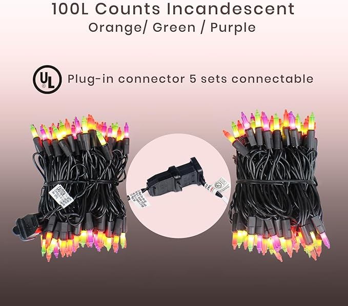Halloween Purple Orange & Green String Lights – 100 Count Mini Incandescent, 26.5ft Black Wire, UL Listed, Connectable up to 125ft, Spooky Christmas Lights for Indoor & Outdoor Decor