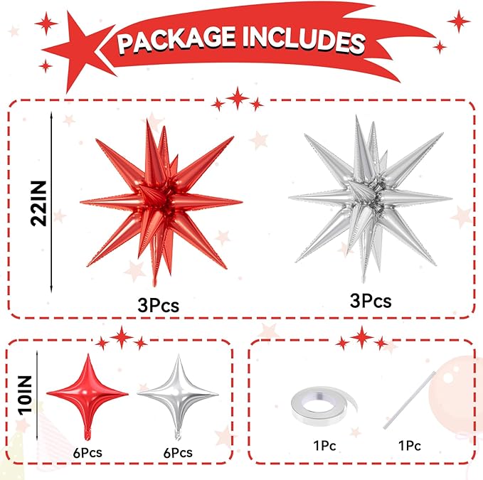 18 Pcs Red Silver Star Balloons, Silver and Red Balloon with 6 Pcs 22-Inch Explosion Star Balloons 12Pcs 10-Inch Four Pointed Stars Foil Balloon for Winter Christmas Birthday Party Decorations