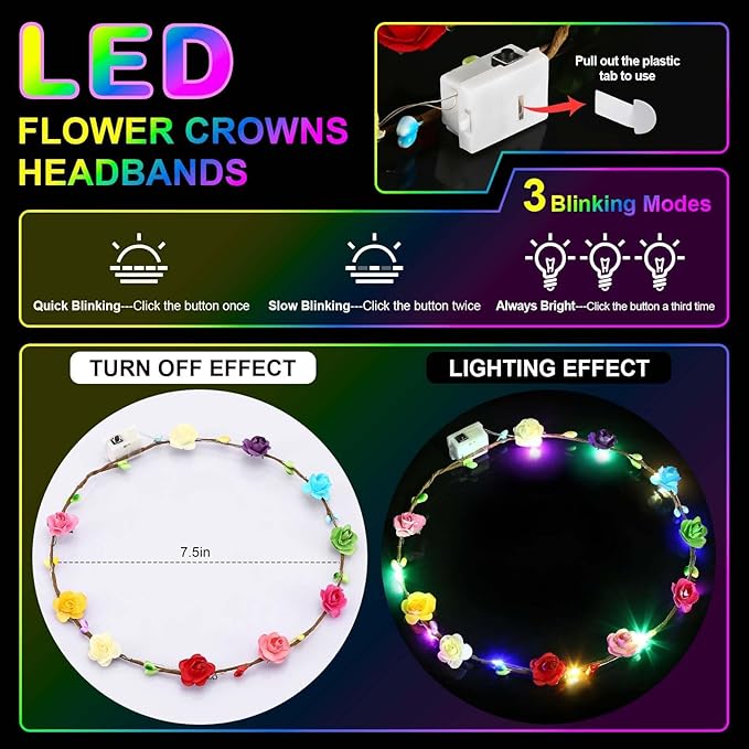 54 PCS LED Flower Crowns Headbands, Light Up Flower Crowns For Women, Glow in the Dark Headband for Wedding Reception Mardi Gras Cosplay Princess Party Favors Birthday Christmas Halloween