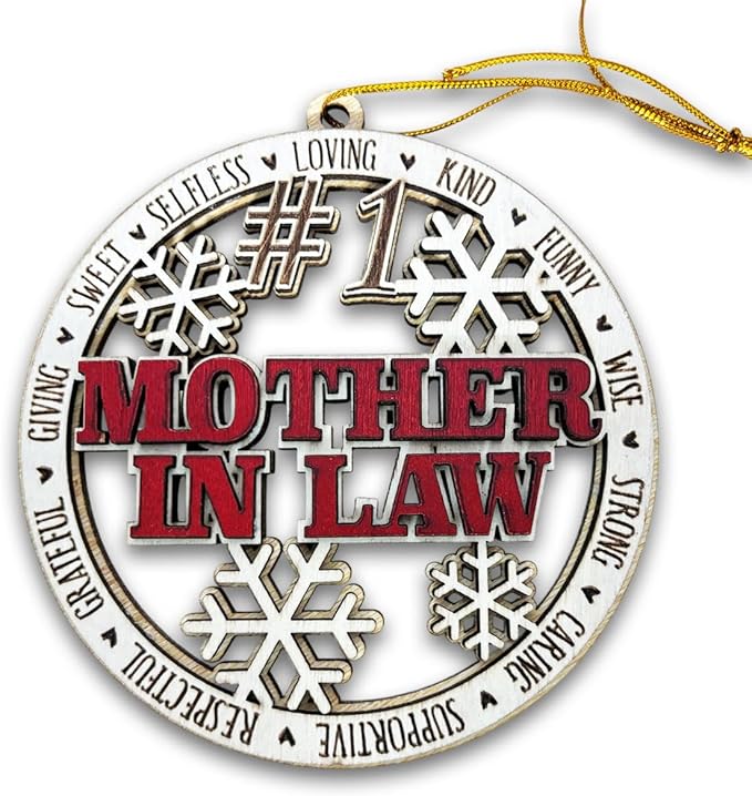 #1 Mother-in-Law Wooden Christmas Ornament – Rustic Holiday Tree Hanging Decoration, Unique for Mother-in-Law, Stocking Stuffer Keepsake