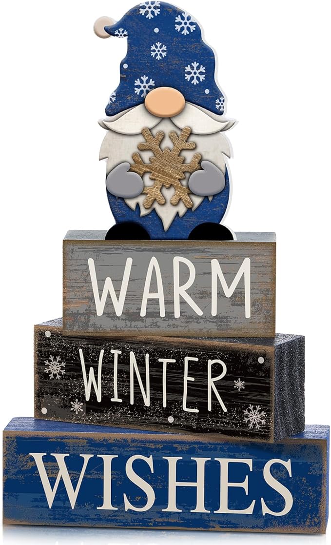 4 Pcs Christmas Table Decorations Wooden Gnome Decor Winter Tiered Tray Decor Christmas Centerpiece Rustic Decorative Gnome Snowflake Block Sign Gift Farmhouse Xmas Signs for Home Kitchen