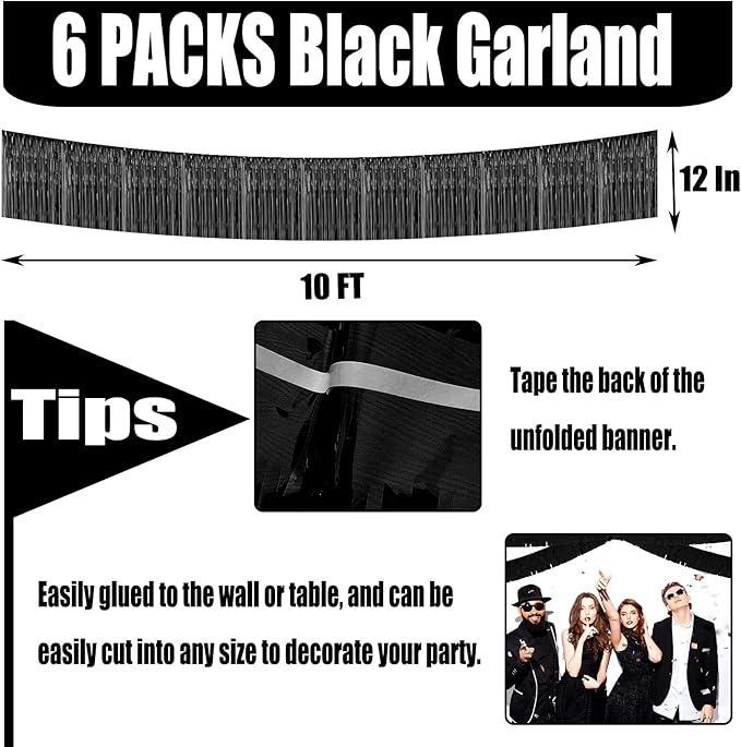 6 Pack 10 Feet Foil Fringe Garland Metallic Tinsel Streamers Banner Wall Hanging Curtain Backdrop for Parade Floats, Bachelorette, Wedding, Birthday, Halloween, Christmas Party Decorations(Black)