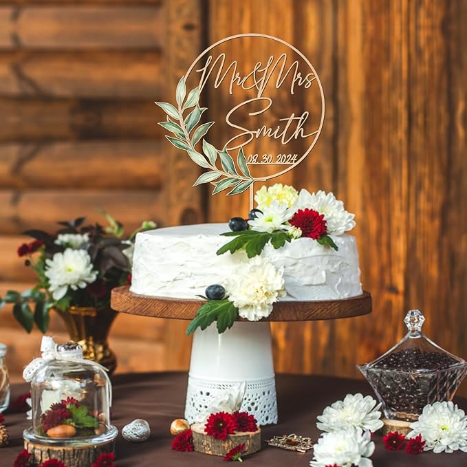 Mr & Mrs Wedding Cake Topper with Green Leaves Custom Last Name and Date Personalized Round Frame Cake Decoration in Acrylic and Wood