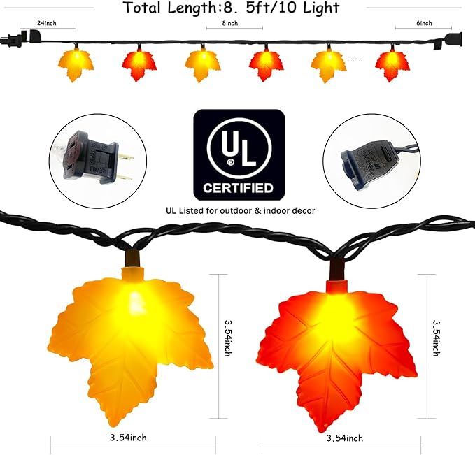 Maple Leaf Fall Lights 8.5Ft – LED String Lights with 10 3D Orange Yellow Leaves for Autumn Home, Kitchen, Table, Mantel & Thanksgiving Decor
