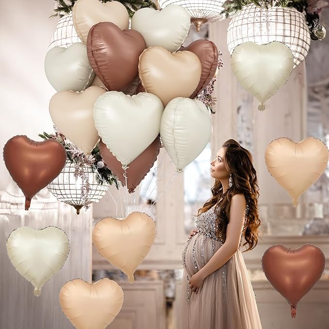 Cream Brown Heart Balloons, 12Pcs Brown Apricot Foil Balloons, Beige Coffee Foil Heart Shape Mylar Balloon 18 Inch Nude Neutral Helium Mylar Balloon for Boho Birthday Baby Shower Wedding Valentine