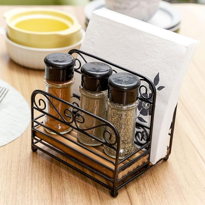 MyGift 2-in-1 Disposable Napkin and Salt & Pepper Caddy, Black Metal Vintage Scrollwork Dinner Table Paper Towel Condiment Holder with Rustic Burnt Solid Wood Base