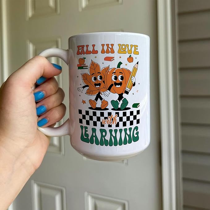 Fall In Love With Learning Thanksgiving White Mugs, 11oz 15oz Drinking Cups, Autumn Seasonal Gifts