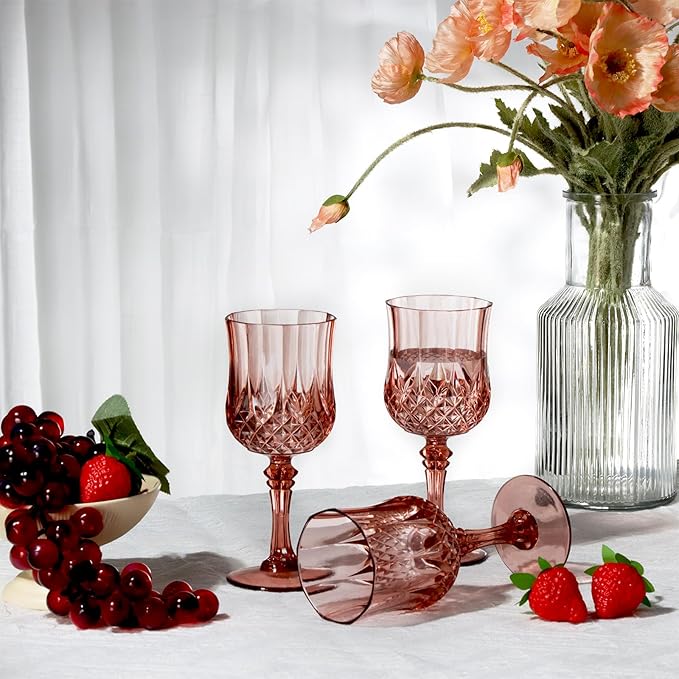 XUWAIDSGN 48 Pcs 7oz Plastic Vintage Wine Glasses Drinking Glasses Unbreakable Wedding Glassware Crystal Water Goblets Reusable Drinkware Vintage Champagne Flutes (48, Rose Gold)