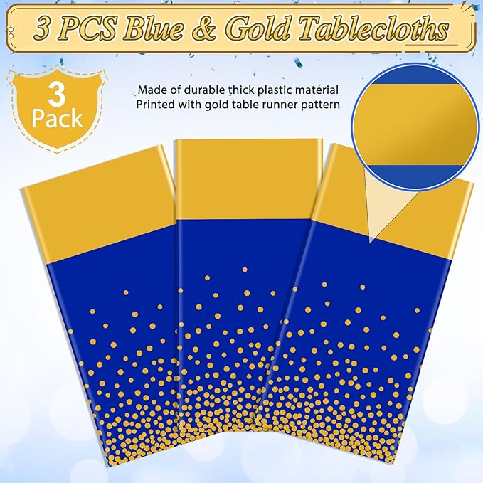 3Pcs Blue and Gold Tablecloth Party Decorations,Plastic Royal Blue Table Cloth Printed Gold Tables Runner Disposable Rectangle Table Cover for Birthday Anniversary Wedding Graduation Party,54 x108Inch