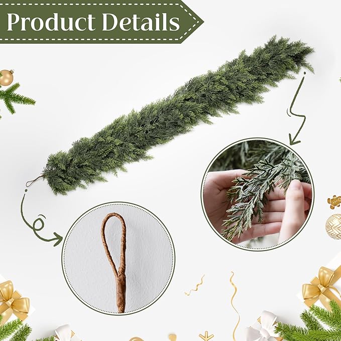 9FT Christmas Cedar Garlands, Real Touch Winter Cedar Pine Garland with Soft Thickness Pine, Green Artificial Greenery Garland for Table, Mantle, Fireplace, Wall, Indoor, Outdoor Christmas Decorations