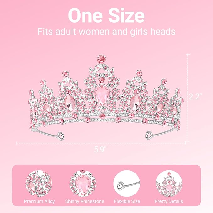 Tiara Crown for Women, Headband Hair Accessories for Birthday Wedding Party Costume Pink