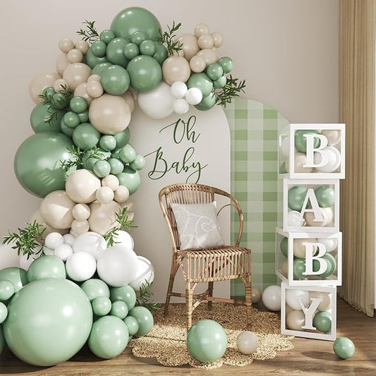 Sage Green White Balloon Baby Shower Decorations, 132Pcs Sage Green Balloon Arch Garland Kit Baby Box with Letters for Boy Girl Boho Baby Shower Gender Reveal Birthday Party Decorations