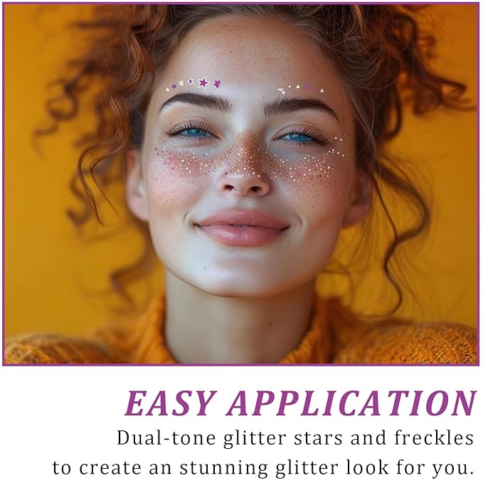 20 Pcs Purple and Silver Face Makeup Patches, Purple-silver Glitter Freckles, Halloween Glitter Freckles Face Tattoo, Waterproof Face Temporary Tattoos, Long-Lasting 48h Freckles for Women