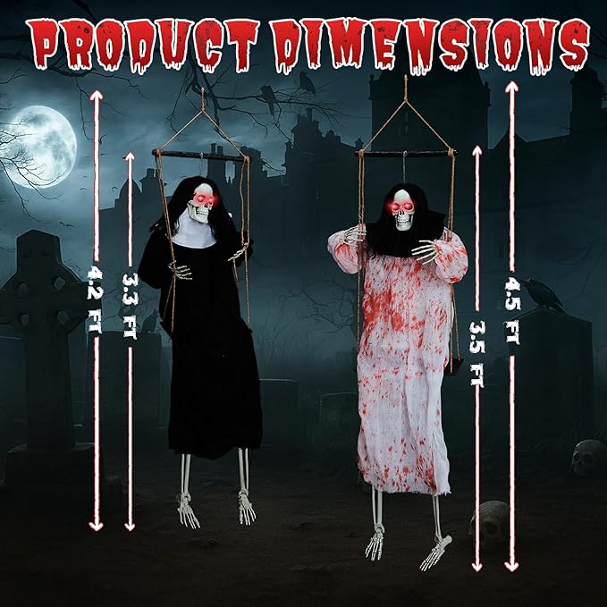 VINGLI Halloween Hanging Swining Skeleton Ghost with Creepy Sounds & Flashing Red Eyes, Scary 2 Pack for Indoor Haunted House Party & Outdoor Graves Scary Yard Garden Lawn Decoration.