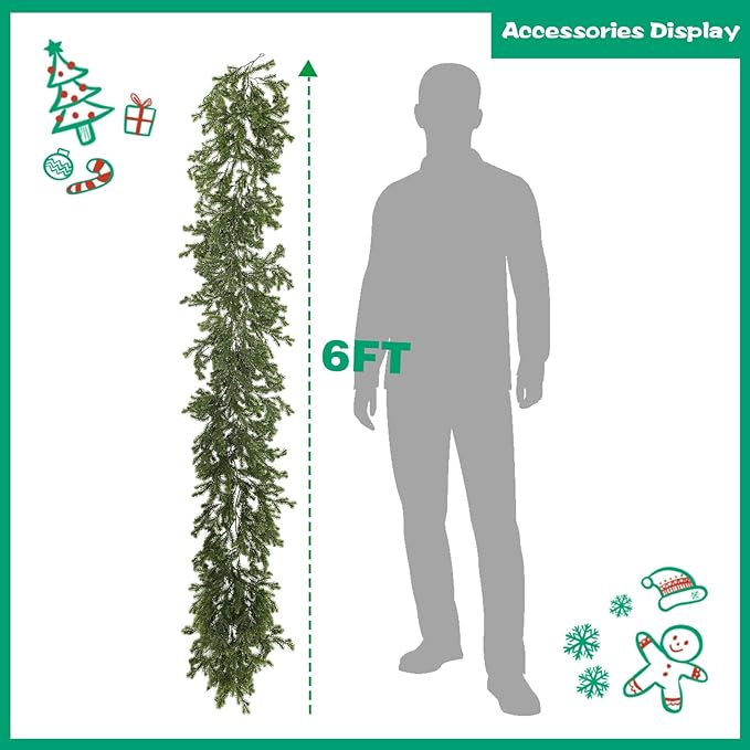 6FT Christmas Cedar Garland Realistic with Soft Pine Needles, Faux Greenery Pine Garland for Mantle Fireplace Staircase