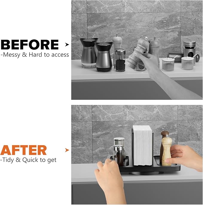 Rotating Napkin Holder for Table, Bamboo Standing Napkin Dispenser with Salt Pepper Shakers Caddy, Black Metal Hand Towel Holder for Bathroom Home Kitchen Farmhouse Decor Not Including Shakers