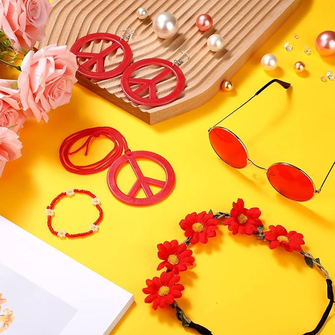 Batiyeer 6 Pcs Hippie Costume Accessories Set, Boho Peace Sign Daisy Flower 60s 70s Party Favors Decor for Groovy Party Women(Red)