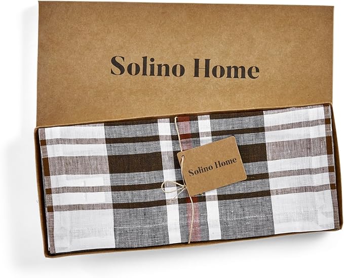 Solino Home Linen Fall Table Runner 90 Inches Long - 100% Pure Linen Black Oxford Plaid Table Runner 14 x 90 Inch for Dining, Autumn, Thanksgiving, Holiday