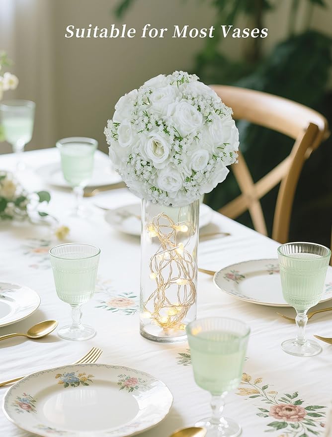 BLOSMON Babys Breath Artificial Flowers: 10 Pcs White Rose Baby Breath Ball Centerpieces for Wedding Table - Fake Silk Kissing Floral Arrangement for Home Party Event Decorations