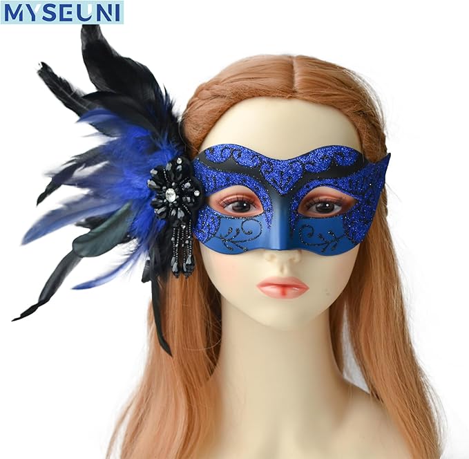 Blue Masquerade Mask for Couple -Mascarade Masks for Women with Feathers & Venetian Mask Men for Masquerade Party, Mardi Gras, Halloween Cosplay Prom, Christmas