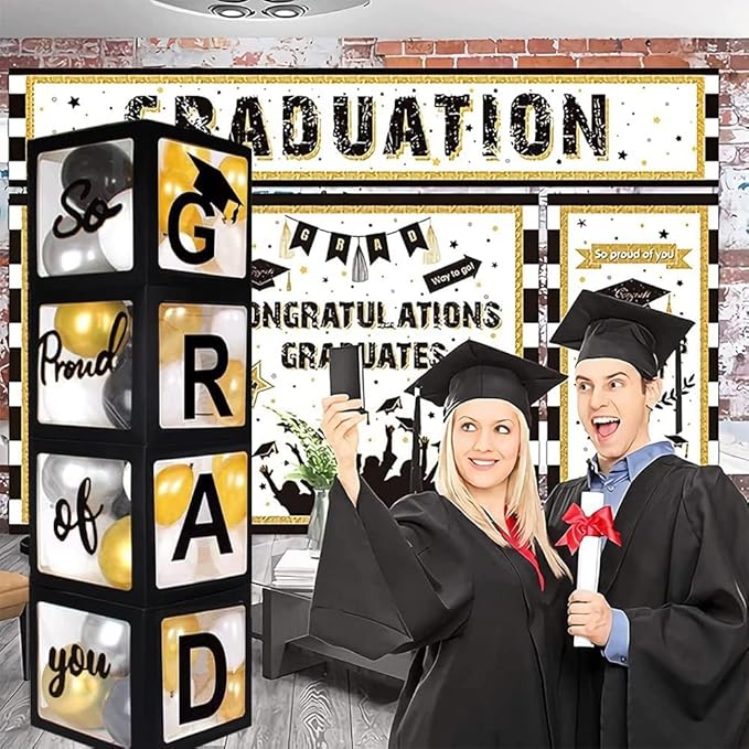2026 Graduation Party Decoration Black Balloon Boxes with Letters 2026 Grad & So Proud of You and 20 pcs Ballons