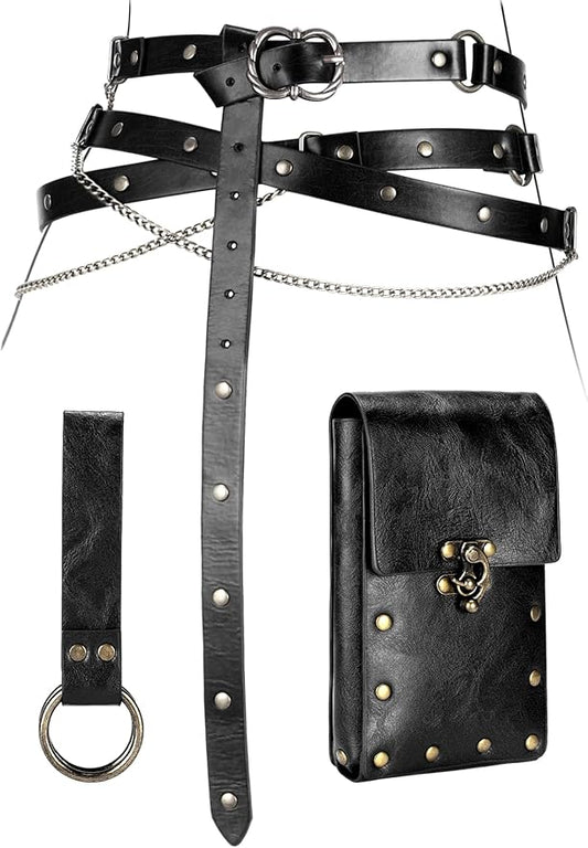 Ultrafun 3pcs Renaissance Belt Accessories Faux Leather Medieval Viking Chain Belt Bag Skirt Hike Ren Faire Costume