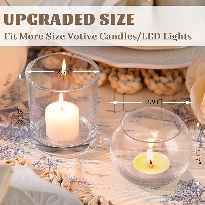 Volens 30pcs Assorted Clear Votive Candle Holders Bulk, Large Wedding Centerpieces for Tables, Glass Votive & Tealight Candle Holders for Party Decorations and Home Decor