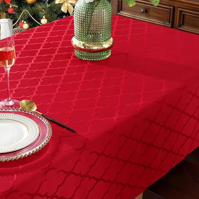 SASTYBALE Rectangular Tablecloth Damask Fabric Table Cloth, Water Resistant Wrinkle Free Polyester Table Cover for Kitchen Dining, Parties, Xmas (Rectangle/Oblong, 60" x 84" (6-8 Seats), Red)