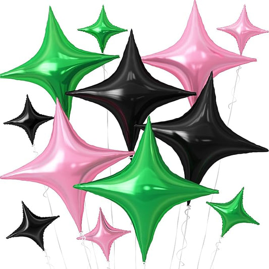 Black Pink Green Balloons,12Pcs Four Angle Star Foil Balloons,26Inch and 10Inch Black Green Pink Quadrangle Star Helium Balloon for Witch Halloween Birthday Anniversary Party Decorations