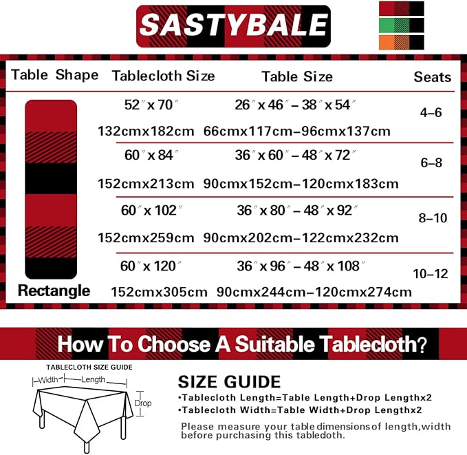 Buffalo Plaid Vinyl Christmas Tablecloth Rectangle 52 x 70 Inch with Flannel Backing, Waterproof & Anti-Slip Table Cloth, Plastic Table Cover for Dining, Winter Party & Holiday, Red and Black