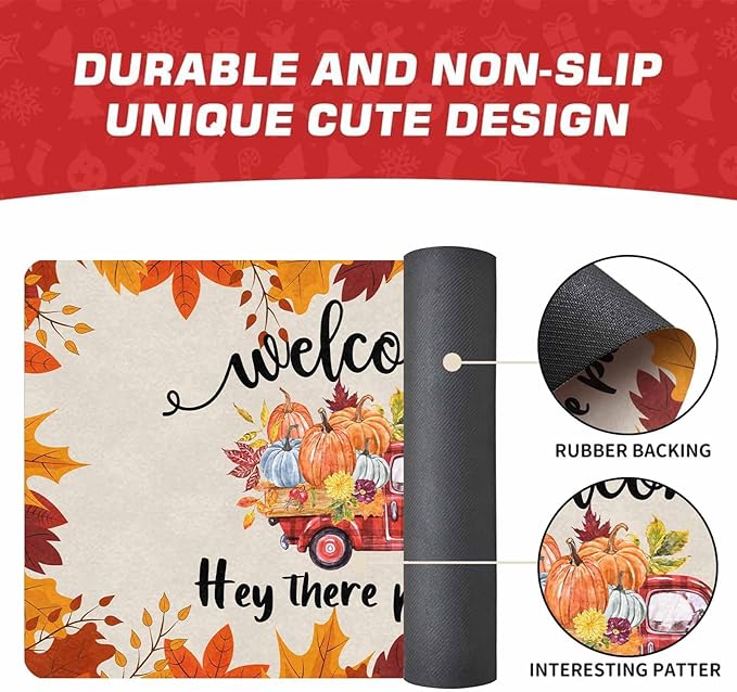 InterestPrint Happy-Thanksgiving Door Mat, Vintage Fall Truck Decor for Covered Outdoor Area Pumpkin Welcome Mat for Autumn Halloween Thanksgiving Farmhouse Decor