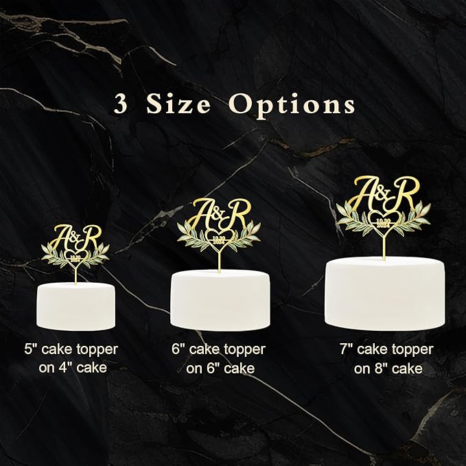 Personalized Wedding Cake Topper with Custom Bride & Groom's Initials and Date Wedding Cake Decoration UV-Printed Heart and Green Leaves Design