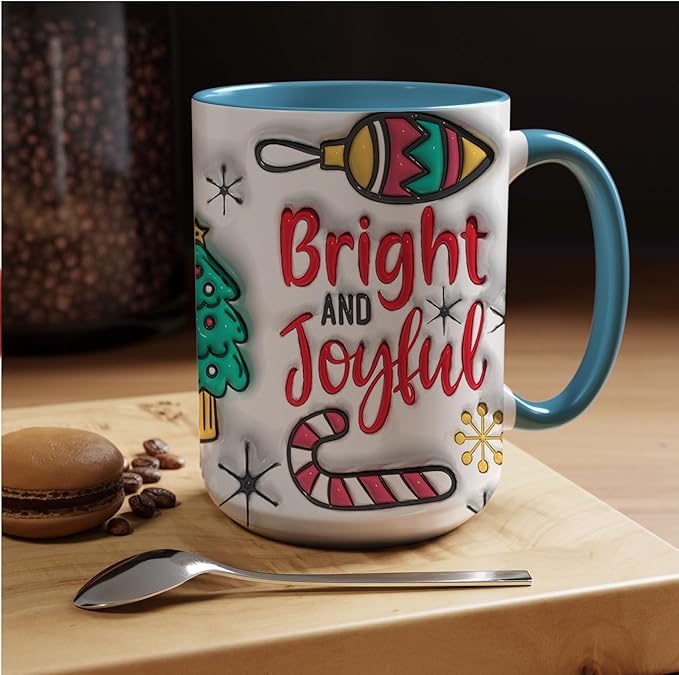 Bright And Joyful Christmas Inflated 3D Wrap Mugs, Two-Tone Accent Ceramic Coffee Drinking Cups, 11oz 15oz
