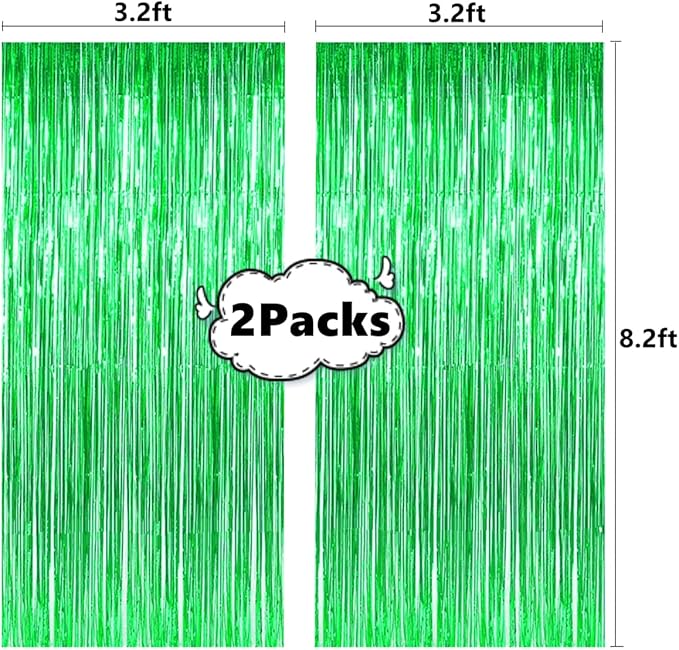 i-CHONY 2 Pcs Green Metallic Tinsel Foil Fringe Curtains,3.2ft x 8.2ft Photo Booth Backdrop for Birthday Wedding Bridal Shower Baby Shower Holiday Celebration Bachelorette Party Decorations