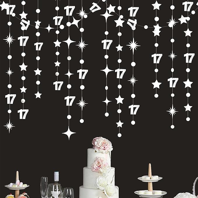 Silver 17th Birthday Decorations Number 17 Circle Dot Star Garland Streamer Banner Backdrop for Girls Boys Cheers to 17 Years Old Birthday 17 and Fabulous Happy 17th Anniversary Party Supplies