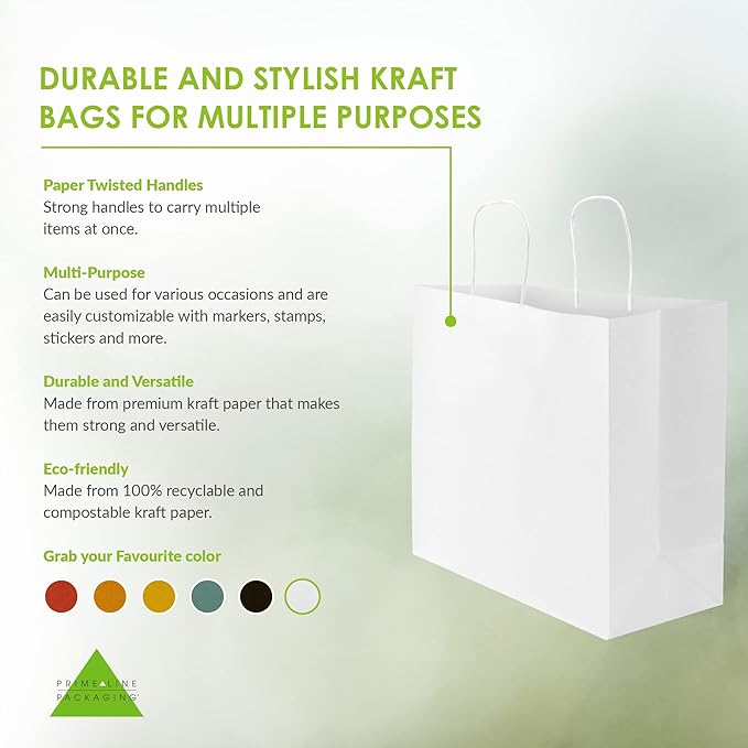 Prime Line Packaging White Gift Bags, Paper Shopping Bags with Handles for Small Business, Boutique, Merchandise, Retail, Party Favors, Bulk, 16x6x12, 50 Pack