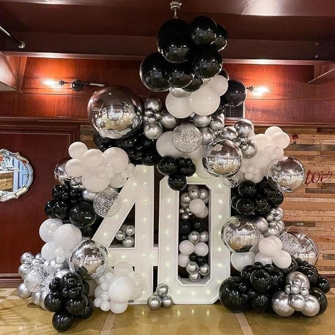 Black White Balloon Garland Arch Double Stuffed Pearl White Black Silver Balloons Different Size Balloons Set for Christmas New Year Birthday Anniversary Wedding Halloween Party Decorations