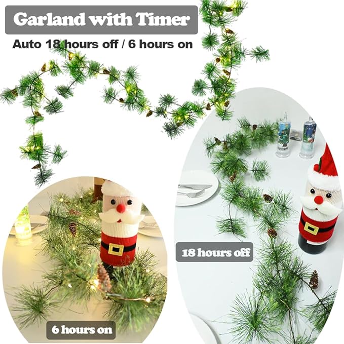 Christmas Garland with 30 LED Fairy Lights 6.56FT Battery Operated Smokey Pine Garlands with Pine Cones Artificial Greenery Garland Rustic Garland with Pinecones for Xmas Holiday Decorations