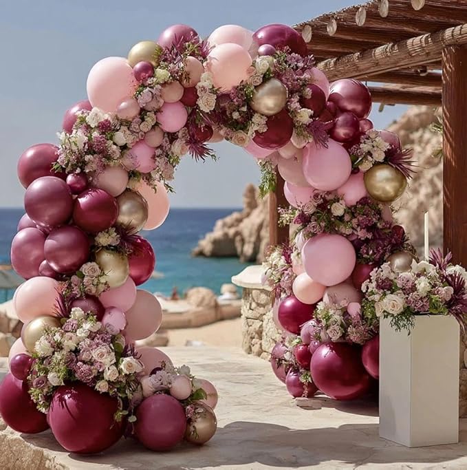 Burgundy Pink Balloon Garland Double Stuffed Pastel Light Pink Gold Mauve Balloons Maroon Lavender Latex Plum Balloon Arch Kit for Women's Birthday Wedding Baby Shower Decoration