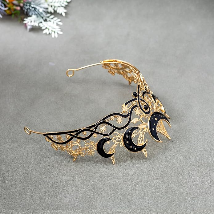 Gothic Black Moon Star Tiara Crown for Women Girls, Retro Celestial Witch Headpiece with Crescent Moon and Stars, Costume Cosplay Halloween Party Prom Wedding Birthday Accessories