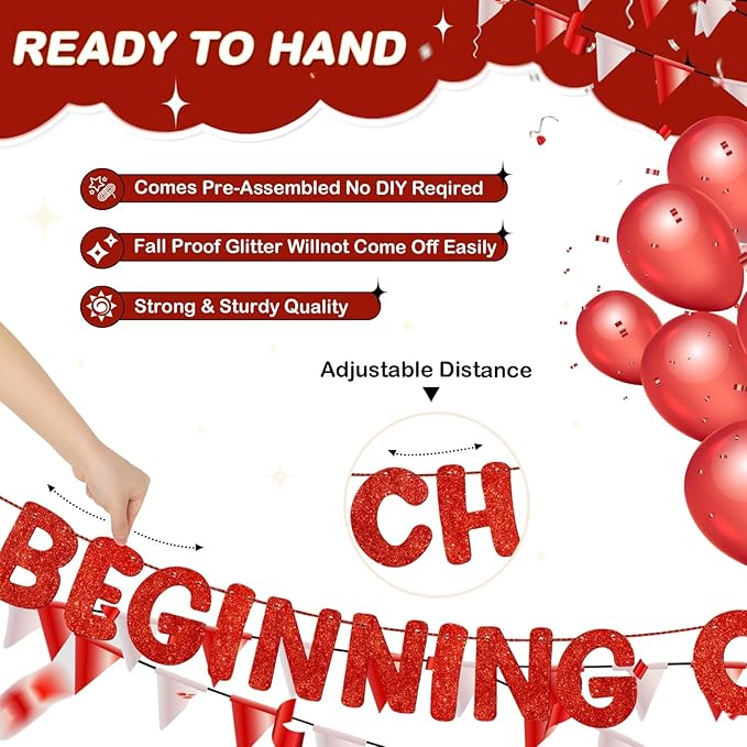 Fulmoon Pre Strung the Beginning of a New Chapter Banner, Glitter Graduation Party Decorations, Happy Retirement Supplies, Going Away Farewell New Home Job Change Party Sign Garland(Red)