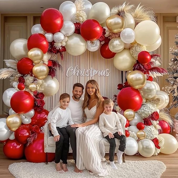 Red White Gold Balloon Garland Double Stuffed Burgundy Red White Sand Pearl Balloon Arch Kit Maroon Wine Balloons for Birthday Wedding Engagement Anniversary Christmas New Year Party Decorations