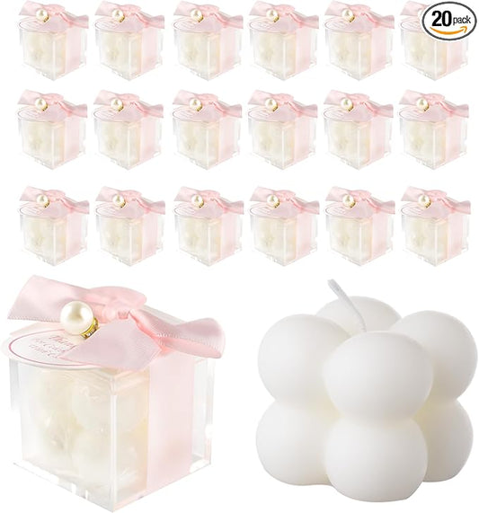 20 Pcs Small Bubble Candles Elegant Party Favors Bulk Set with Decorative Ribbons Thank You Cards for Bridal Shower Guest Gifts (20, Pink)