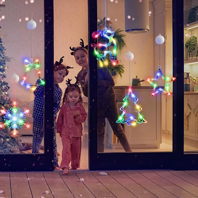 5Pack Christmas Window Lights Decorations with Timer,Battery Powered Christmas Hanging Multicolor Lighted Snowflake Tree Star Deer Bells Shaped LED Sucker for Xmas Fireplace Indoor Decor