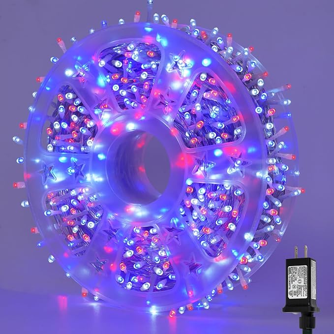 YEGUO 165ft 500 LED Red White and Blue Lights, 4th of July Decorations String Lights Plug in Indoor Outdoor, 8 Modes Clear Wire Patriotic Light for Independence Day Holiday Memorial Day Party Decor
