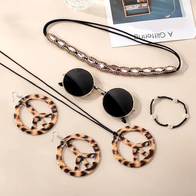 Batiyeer 6 Pcs Hippie Costume Accessories Set, Boho Peace Sign Daisy Flower 60s 70s Party Favors Decor for Groovy Party Women(Leopard)